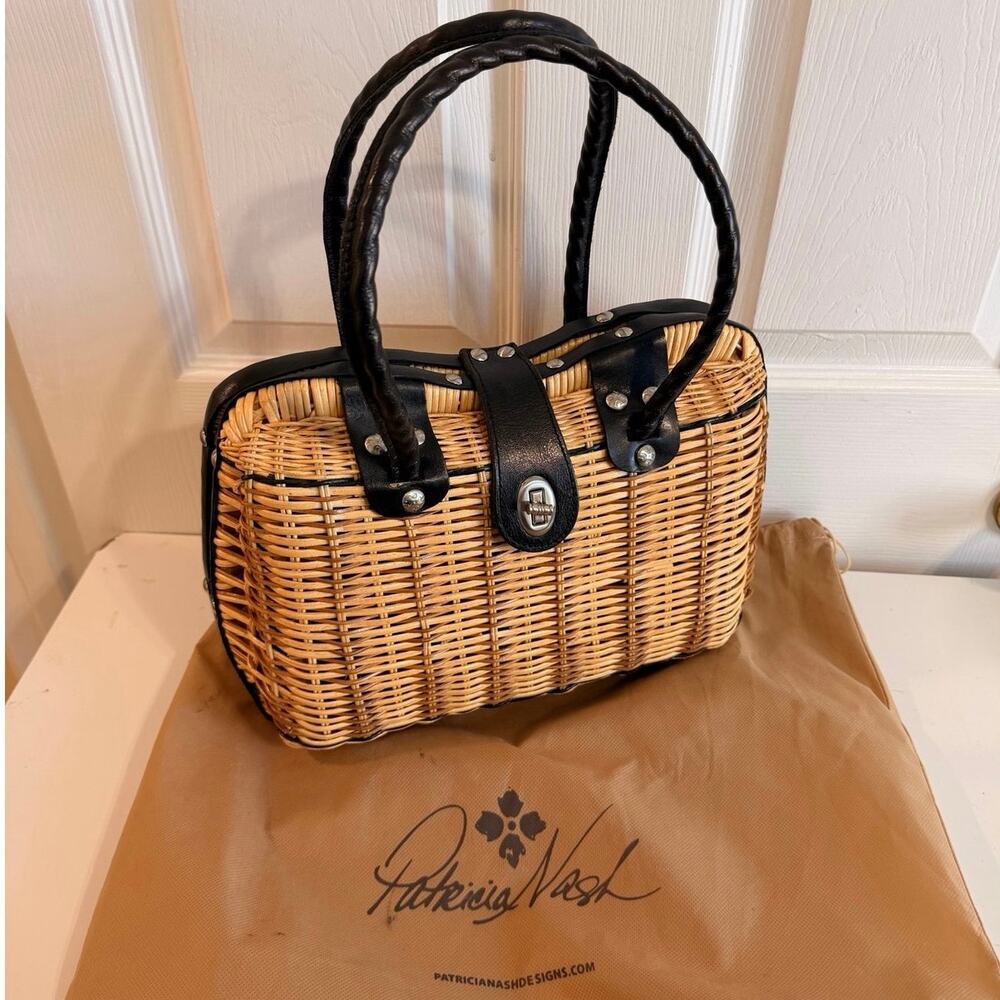 Patricia Nash NEW Lucena Rattan Spring Wicker Black Leather Purse Handbag